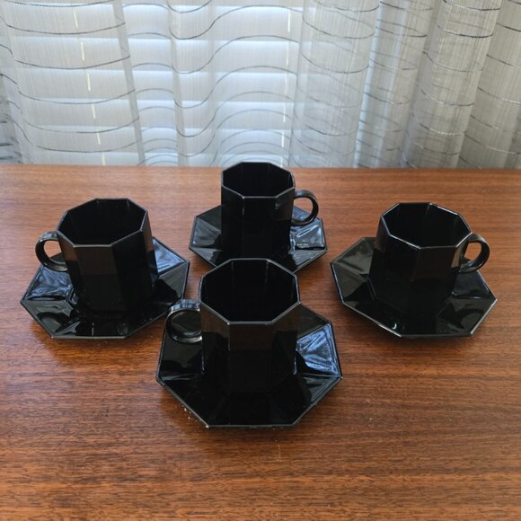 VTG Black Arcoroc Octime France 4 Cups 4 Saucers Tempered Glass - Picture 1 of 11